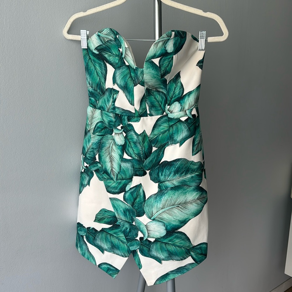 C/MEO SMALL LIKE NEW GREEN LEAF WHITE STRAPLESS BUSTIER MIDI DRESS
